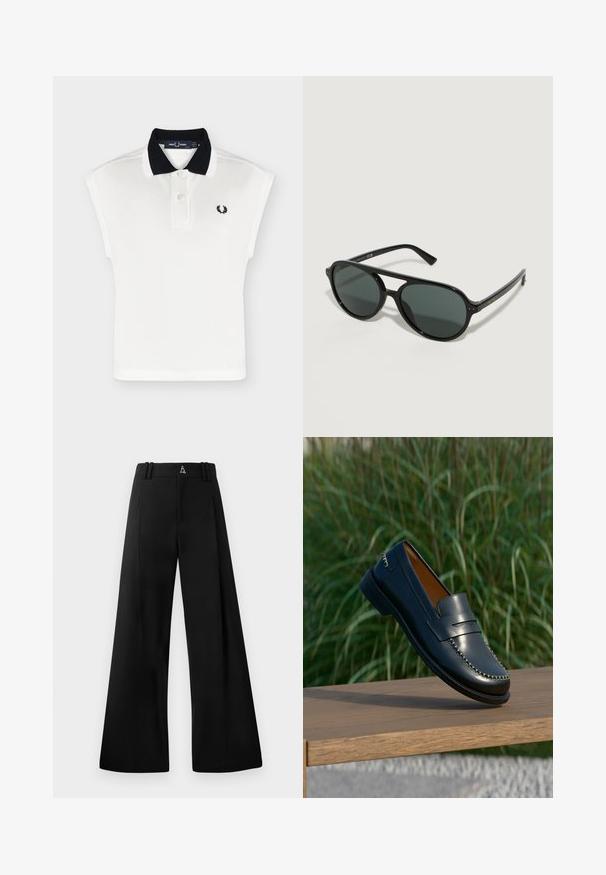 Weißes ärmelloses Poloshirt mit schwarzem Strickkragen, zwei weißen Knöpfen und kleinem schwarzem Lorbeerkranz-Logo auf der Brust.; Schwarze, weit geschnittene Hose aus glattem Stoff, mit hoher Taille, Falten und einem Logo auf der Rückseite. Sauberes, maßgeschneidertes Design ohne Muster.; Dunkelblauer Lederloafer mit beigen Nähten auf einer Holzoberfläche vor einem Hintergrund aus hohem grünem Gras.; Schwarze Sonnenbrille mit dunkel getönten Gläsern, runder Form, Kunststoffrahmen und subtilen goldenen Akzenten an den Bügeln. Sauberes Design und glatte Textur.