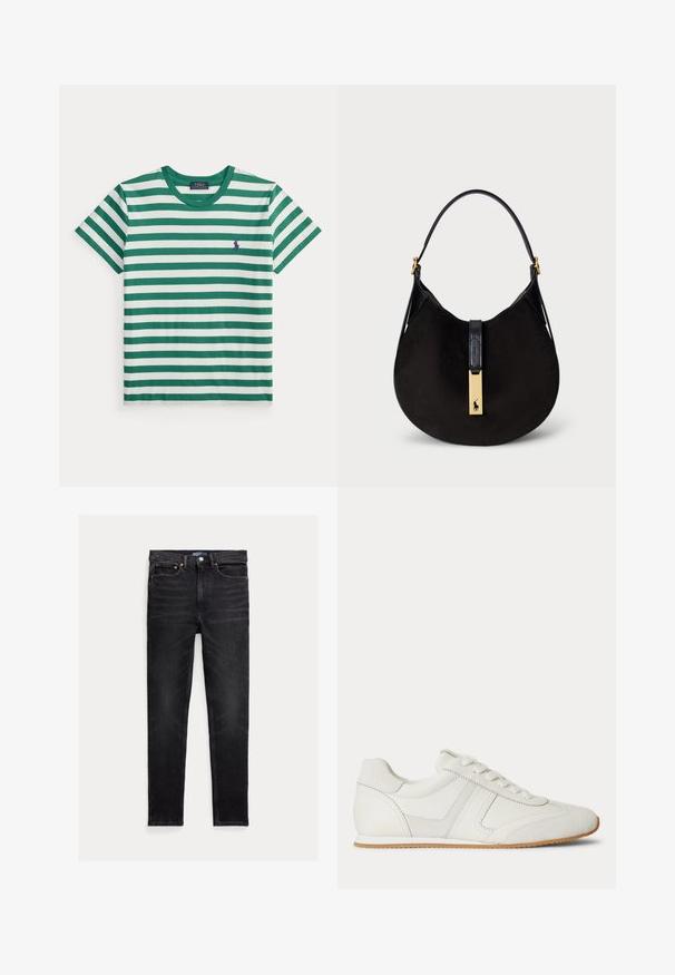 T-shirt met korte mouwen met groene en witte horizontale strepen, ronde hals en een klein paars geborduurd logo op de borst.; Zwarte slim-fit jeans met vijf zakken, knoopsluiting en Polo merklabel op de tailleband, plat op een witte achtergrond gelegd.; Witte lage sneaker met veters aan de voorkant, suède en leren panelen, en een lichtbruine rubberen zool op een witte achtergrond.; Zwarte suède schoudertas met een gebogen vorm, een soepel zwart leren hengsel en een accent van goudkleurige hardware met een logodetail.
