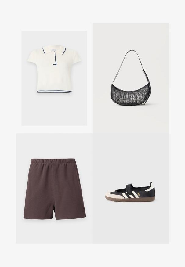 Kortærmet hvid strikket polo med marineblå kant på krave, stolpelukning og kant, med en ribbet struktur.; Mørkebrune shorts lavet af tekstureret, vævet stof. Har en elastisk talje og en lille logo accent på nederste højre side.; Sort og beige sko med velcrolukning, tre hvide striber på siden og en tekstureret brun gummisål. Mærkelogo er synligt.; Lille sort mesh skuldertaske i halvmåneform med justerbar tynd rem, sat mod en ensfarvet lys baggrund.