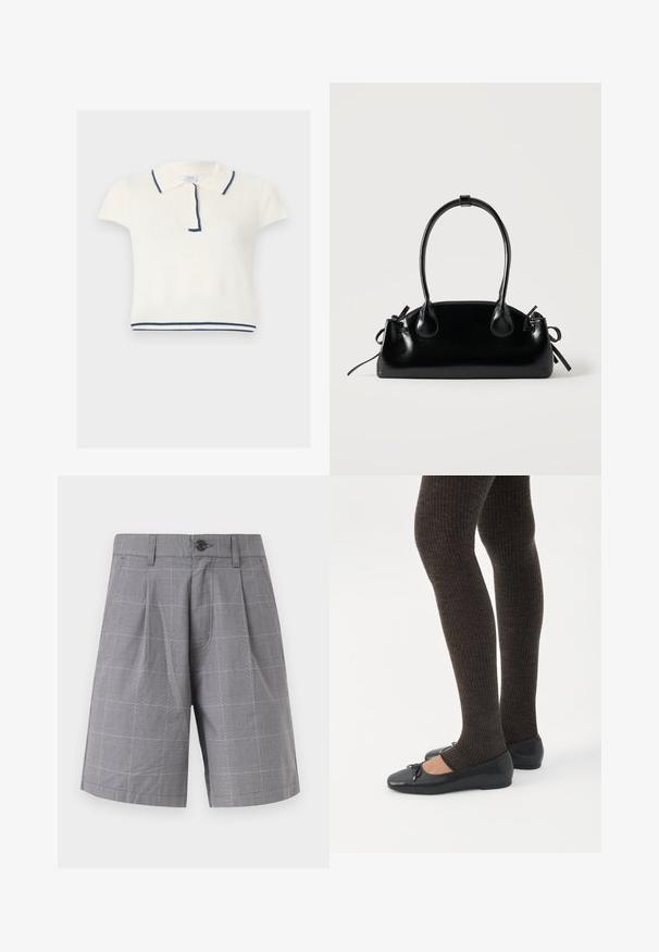Polo en maille blanche à manches courtes avec bordure marine sur le col, la patte de boutonnage et l'ourlet, présentant une texture côtelée.; Shorts gris sur mesure avec un motif à carreaux subtil, plis avant, passants pour ceinture, poches latérales et une fermeture à bouton noir unique.; Jambes portant des leggings côtelés foncés associés à des ballerines noires avec de petits détails en nœud sur fond blanc.; Petit sac à main noir brillant avec deux longues anses et des détails à cordon sur les côtés sur un fond clair uni.