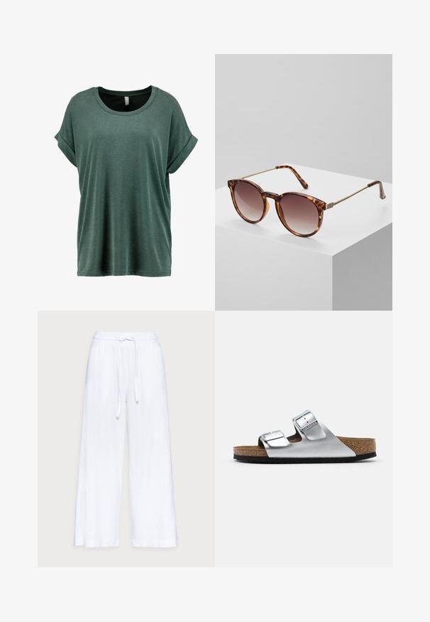 T-shirt vert foncé à manches courtes en tissu doux ; avec un col rond et des manches retroussées ; coupe décontractée avec une texture lisse.; Pantalons en lin blancs à jambes larges avec une taille élastique et un cordon de serrage, texture lisse et coupe ample pour le confort.; Sandale en cuir argenté avec deux boucles réglables, semelle en liège et semelle en caoutchouc noir texturé. Design ouvert à l'avant avec des bords doux.; Lunettes de soleil écaille de tortue avec verres dégradés et fins accents en métal doré. Dotées de montures arrondies et de branches élégantes pour un look moderne.