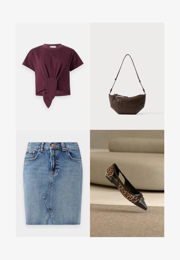 Bordeaux kortærmet t-shirt lavet af bomuld, med en knude detalje i taljen og et klassisk rund halsudskæring.; Denimnederdel i mellemblå med et tætsiddende design, forlommer og skrå sømdetaljer. Standard talje med metalknaplukning.; Flad sko med leopardprint på siderne, sort spids tå og lille sløjfedetalje, vist mod beige sofa og tæppebaggrund.; Brun læder skuldertaske med buet bund og justerbar rem mod en ensfarvet lys baggrund.