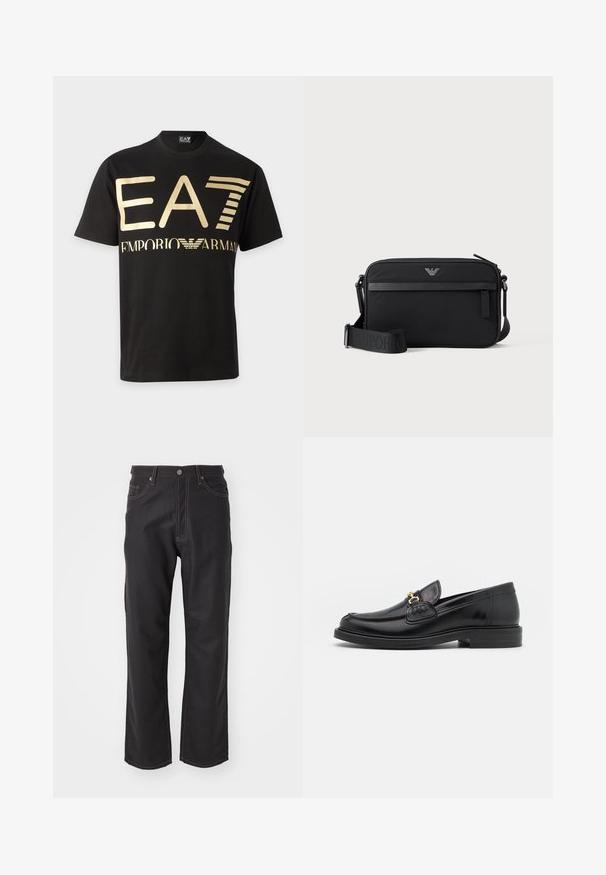 Sort kortærmet t-shirt med stor guldfarvet "EA7" tekst og "Emporio Armani" logo på brystet.; Sorte denim jeans med lige ben, der har kontrastfarvet orange syninger, fem-lomme design og en klassisk knaplukning.; Sorte læder loafers med en rund tå, der har guld hardware accent og syningsdetaljer, placeret på en lav, tekstureret gummisål.; Sort rektangulær crossbody-taske med lynlåslomme foran, justerbar rem og lille metallogo øverst i midten.