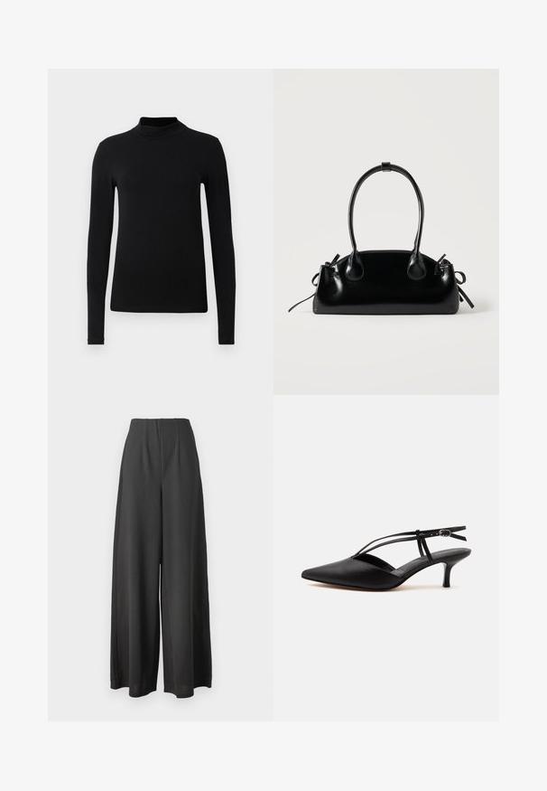 Sort langærmet turtleneck skjorte lavet af glat stof; tætsiddende design med høj krave og ingen synlige sømme. Enkel, ensfarvet.; Sorte vide bukser lavet af et glat stof, med høj talje og plisseret design for ekstra struktur og dybde.; Sort læder spids tå kitten heel med tynd ankelrem og spænde, slingback design, på en ensfarvet lys baggrund.; Lille sort blank håndtaske med to lange håndtag og snøre-detaljer i siden på en ensfarvet lys baggrund.