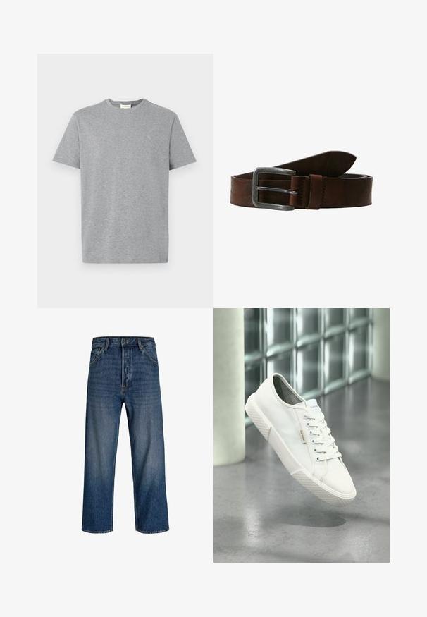 Grå bomulds T-shirt med rund halsudskæring, korte ærmer og et lille logo på venstre bryst. Enkel, klassisk design og tekstur.; Denim jeans med lige ben-design, mørkeblå farve og subtil udvaskning. Har fem lommer og lukke med knap.; Hvid Calvin Klein lavt sneakers med snørebånd, gummisål og logo-tag, svævende over gråt poleret gulv nær glasblokvæg.; Brun læderbælte med en struktureret overflade, der har en sølv metalspænde og en enkelt overlapningstrimmel syet på siden.