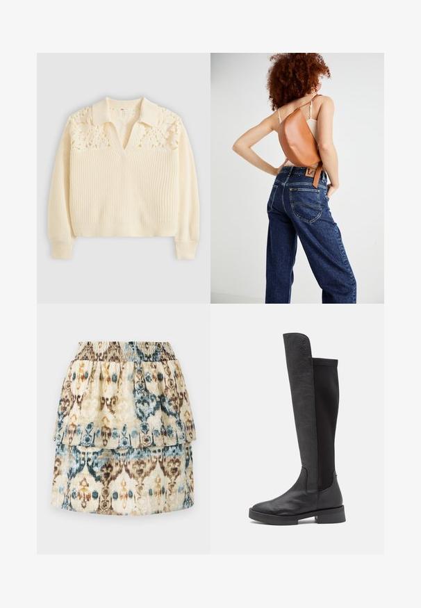 Flødefarvet strikket sweater med ribbet struktur, der har en kraveudskæring og indviklet blondedetalje på skuldrene.; Lagskørt i beige med et ikatmønster i nuancer af blå og brun. Har en smocket talje og en flæsekant for ekstra tekstur.; Sorte knæhøje støvler med en struktureret læderfod og en glat sort stofskaft, med en tyk gummisål og minimal hardware.; Brun læder rygsæk med et unikt buet design. Båret diagonalt, parret med højlivet blå denimjeans med gul syning.