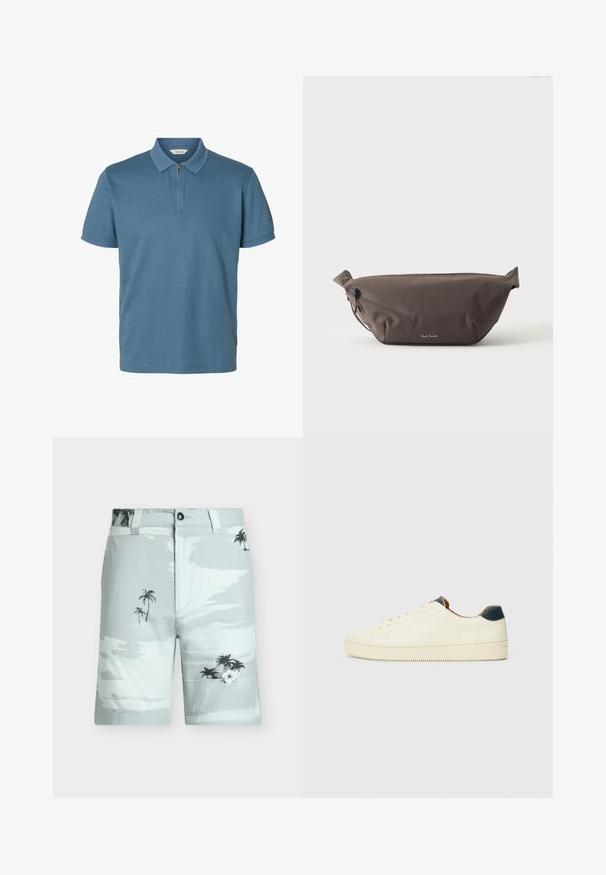 Polo bleu à manches courtes avec un col et des poignets texturés, doté d'une fermeture éclair devant sur la moitié.; Shorts bleu clair avec motifs de palmiers noirs et fleurs blanches, bouton à l'avant et passants de ceinture, présentés sur un fond uni.; Sneakers en cuir blanc avec une surface texturée, une pointe arrondie et un accent de talon bleu marine. Présente des coutures sur les côtés et une semelle texturée.; Sac banane en tissu marron foncé avec poche zippée en diagonale et petit logo blanc sur le devant, sur un fond clair uni.