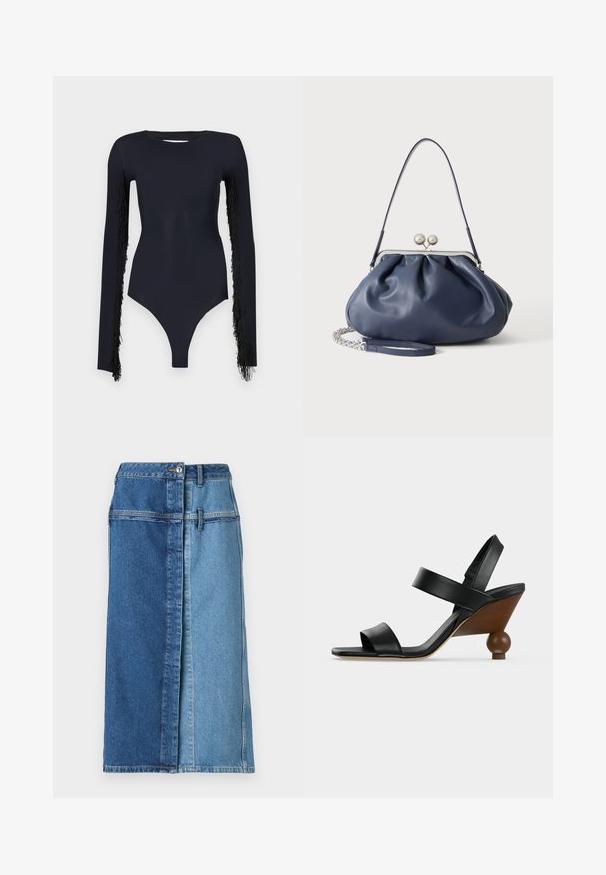 Sort bodysuit med lange ærmer, der har frynset detaljer langs ærmerne, lavet af et glat, strækbart stof, med en dyb udskæring.; Denim nederdel med et farveblokdesign, der har mørkeblå på den ene side og lyseblå på den anden, med knaplukning og lommer.; Sort læder åben tå sandal med to remme og en træ kilehæl med en rund kugleformet bund.; Blød navyblå læderhåndtaske med sølv lukning, enkelt skulderrem og aftagelig kæde til håndleddet på hvid baggrund.