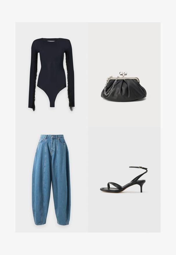 Sort bodysuit med lange ærmer, der har frynset detaljer langs ærmerne, lavet af et glat, strækbart stof, med en dyb udskæring.; Højtsiddende, løstsiddende blå denim jeans med folder, forlommer, bæltesløjfer og knap- og lynlåslukning.; Sort damesandal i læder med tynde remme, en tå-loop, ankelspænde og en mellemhøj stiletthæl på en neutral baggrund.; Sort læder clutch med samlet tekstur, sølvfarvet metalramme, kys-lås lukning og kædestrop. Glat, blød overflade.