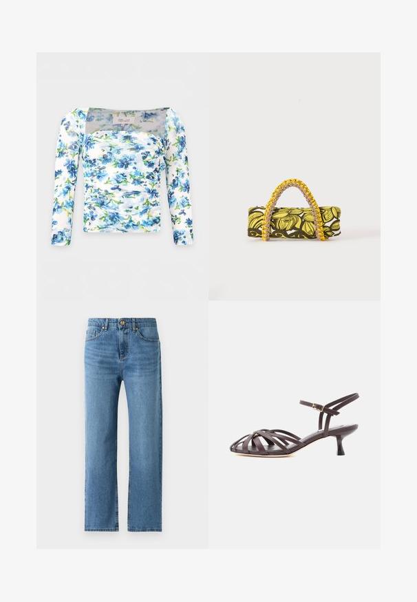 Weißes Langarmoberteil mit blau-grünem Blumenmuster, quadratischem Ausschnitt, geraffter Vorderseite und figurbetontem Schnitt.; Blaue gerade geschnittene Jeans mit Fronttaschen, Gürtelschlaufen und Knopfverschluss vor einem schlichten weißen Hintergrund.; Dunkelbraune Leder-Sandalette mit Riemchen und verstellbarem Schnallenriemen am Knöchel, Kitten-Heel, vor weißem Hintergrund.; Rechteckige Tasche mit gelbem und schwarzem Blumenmuster und geflochtenem gelb-pinkem Griff auf weißem Hintergrund.