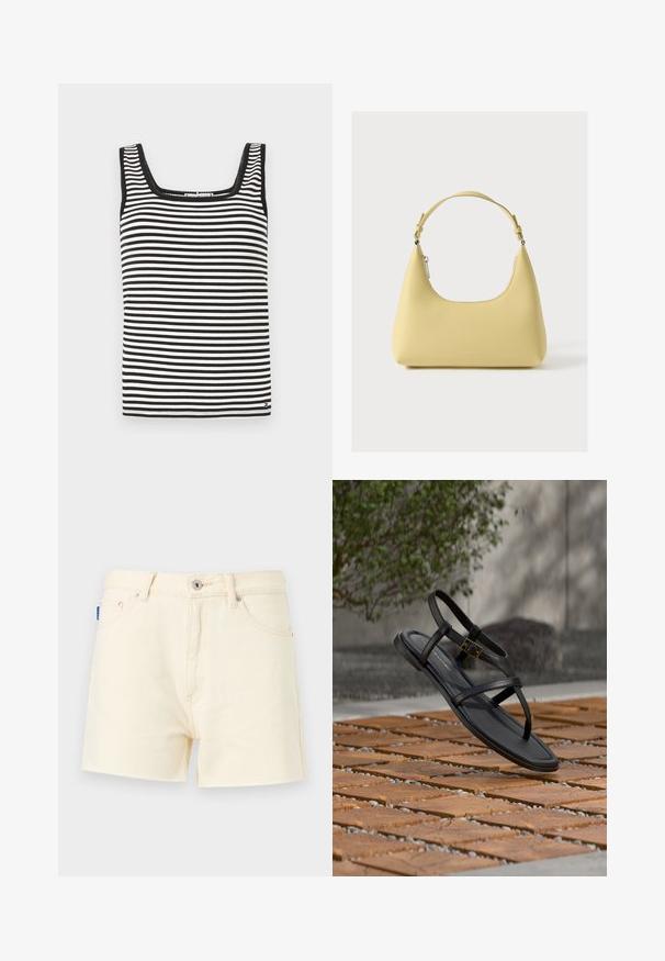Schwarzes und weißes gestreiftes Tanktop mit quadrischem Ausschnitt, gerippter Textur und Kontrastbesatz entlang der Kanten. Mit einem Logofähnchen am Saum.; Cremfarbene Jeansshorts mit geradem Schnitt, ausgestattet mit einem Frontknopfverschluss und einem Fünf-Taschen-Design. Strukturierter Stoff mit Nähdetails.; Schwarze, flache Sandale mit Riemchen und goldener Schnalle, die über einem Boden mit Ziegel- und Kieselmuster im Freien in der Nähe von Grünpflanzen schwebt.; Gelbe Ledertasche mit geschwungener Silhouette, kurzem verstellbarem Riemen und einem Reißverschlussfach. Auf der Vorderseite befindet sich ein dezentes Logo.