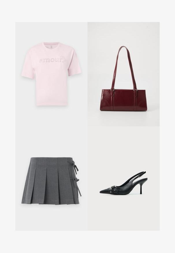 T-shirt en coton rose à manches courtes avec le texte "amour" en strass brillants, col rond et coupe décontractée.; Jupe mini plissée grise en tissu texturé, avec une fermeture à nouer sur un côté et une ceinture lisse pour plus de confort.; Escarpin slingback à talon haut en cuir noir avec bout pointu, boucle et détail de bride œillet à l'avant.; Sac à main bordeaux en matériau brillant, de forme rectangulaire, avec deux anses et des accents légèrement courbés à l'avant.
