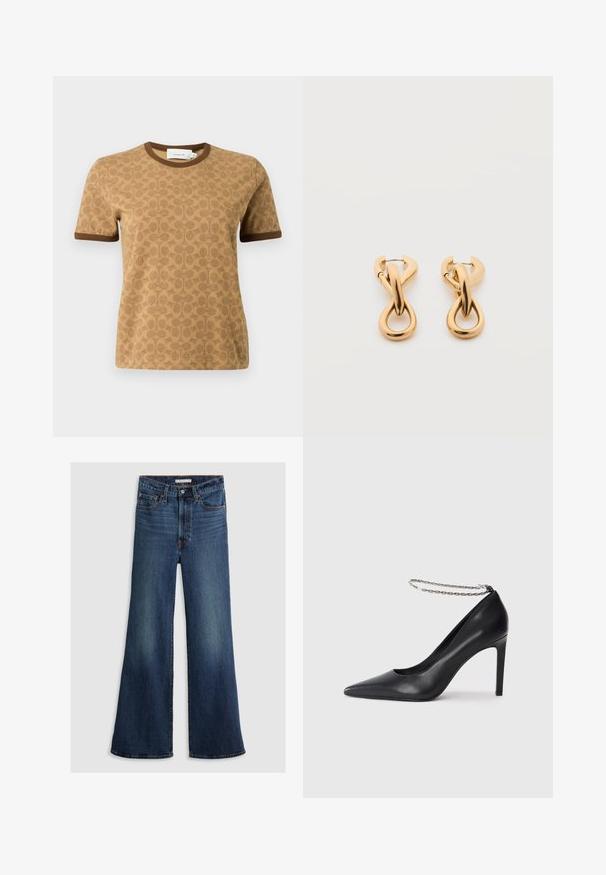 Kurzärmeliges hellbraunes T-Shirt mit dunkelbraunem Besatz und dezentem kreisförmigem Muster, rundem Ausschnitt und sichtbarem Markenlabel innerhalb des Kragens.; Weite Jeans aus dunkelblauem Denim mit hoher Taille, Fünf-Taschen-Design und kontrastierenden Nähten entlang der Nähte und des Bunds.; Schwarze Leder-Pumps mit hohen Absätzen und spitz zulaufender Zehenpartie, ausgestattet mit einem dünnen silbernen Kettenknöchelriemen und einer eleganten, glatten Textur.; Paar glänzende goldfarbene Creolen mit verschlungenem, verdrehtem Design auf schlichten weißem Hintergrund.