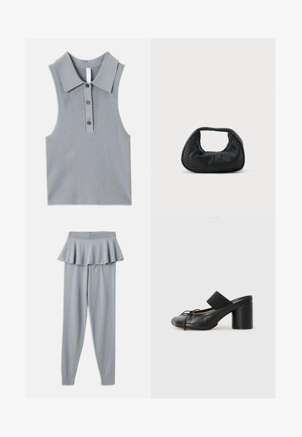 Sleeveless, collared top in light gray ribbed fabric. Features a button-up front with three buttons and a textured finish.; Light gray leggings with a flared, ruffled waist and fitted legs, made of soft fabric. Features an elastic waistband for comfort.; Black heeled mules with a rounded toe, made from smooth leather. Features an elasticated band and a prominent cylindrical heel.; Black woven hobo bag with a soft structure and integrated handle, displayed on a plain light background.