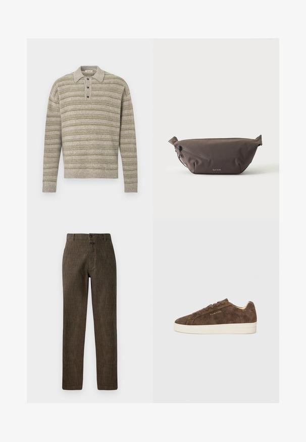 Pull rayé vert clair et gris avec un col polo, quatre boutons, et des poignets et ourlet côtelés. Fabriqué en matériau tricoté texturé.; Pantalons en velours côtelé marron avec des rayures verticales, une coupe droite et une fermeture à bouton à l'avant. Texture lisse avec un design classique.; Baskets en daim marron avec une silhouette basse, un bout arrondi et une semelle en caoutchouc blanc. Elles présentent des lacets foncés et un logo discret sur le côté.; Sac banane en tissu marron foncé avec poche zippée en diagonale et petit logo blanc sur le devant, sur un fond clair uni.