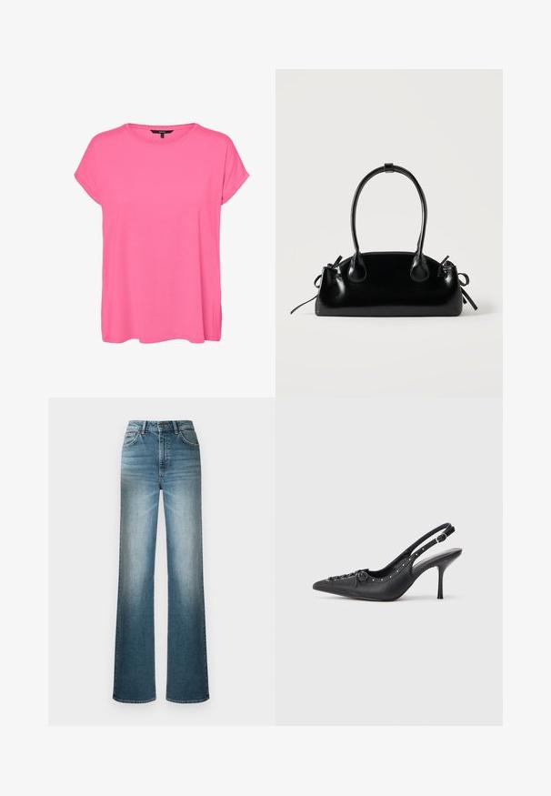 Hellpinkes Damen-T-Shirt mit kurzen Ärmeln, Rundhalsausschnitt und umgeschlagenen Bündchen, gefertigt aus weichem Stoff.; Helle blaue weite Jeans aus Denim. Mit hoher Taille, Fünf-Taschen-Design und einem Verblassungseffekt von oben nach unten.; Schwarzer Leder-Slingback-Stiletto mit spitzem Zehenaufsatz, seitlichem Schnallenriemen, Nieten entlang der Kante und dekorativer Schnürung vorne.; Kleine schwarze glänzende Handtasche mit zwei langen Griffen und seitlichen Kordelzug-Details vor einfachem hellem Hintergrund.