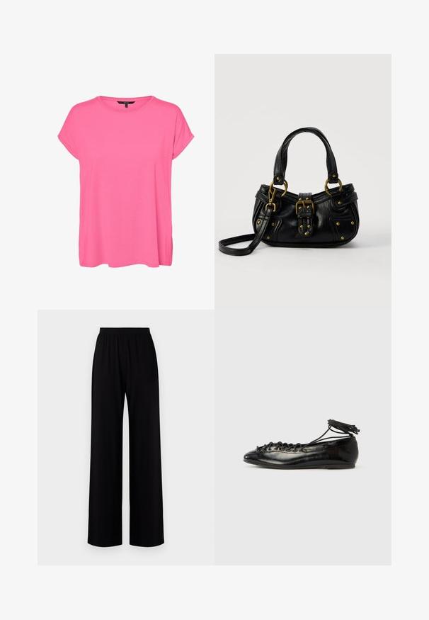 T-shirt rose vif pour femme à manches courtes avec encolure ronde et revers roulés, fabriqué en tissu doux.; Pantalons larges noirs avec une taille élastique, fabriqués à partir d'un tissu lisse, présentant un design simple sans motifs ni décorations visibles.; Ballerines en cuir verni noir avec un bout rond, un design à lacets et une semelle plate. Texture lisse avec peu de détails.; Sac à main en cuir noir avec boucle dorée et détails à rivets, poignées courtes et bandoulière réglable sur fond blanc uni.