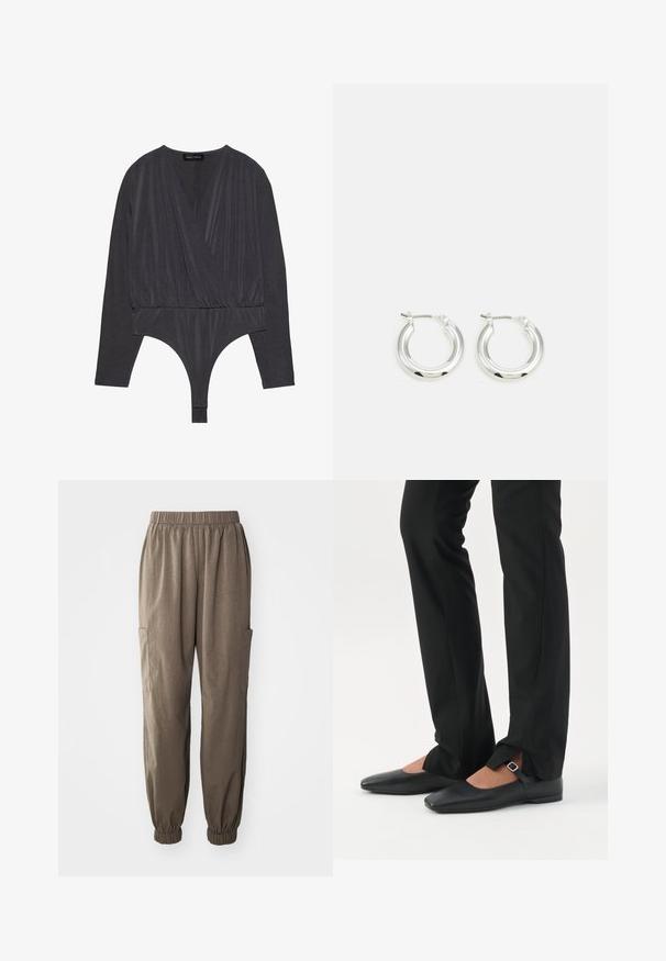 Bodysuit noir à manches longues avec décolleté en V profond, design croisé, taille cintrée et arrière en thong. Fabriqué en tissu doux et extensible.; Pantalons cargo amples en tissu marron, dotés d'une taille élastique, de poignets froncés et de poches à rabat sur le côté pour plus de fonctionnalité.; Jambes vêtues d’un pantalon slim noir avec des fentes à l’avant de l’ourlet, assorties à des chaussures plates Mary Jane noires avec une petite bride à boucle.; Boucles d'oreilles en argent avec une finition polie, présentant une forme circulaire et une fermeture à charnière. Texture lisse avec un minimum de détails.