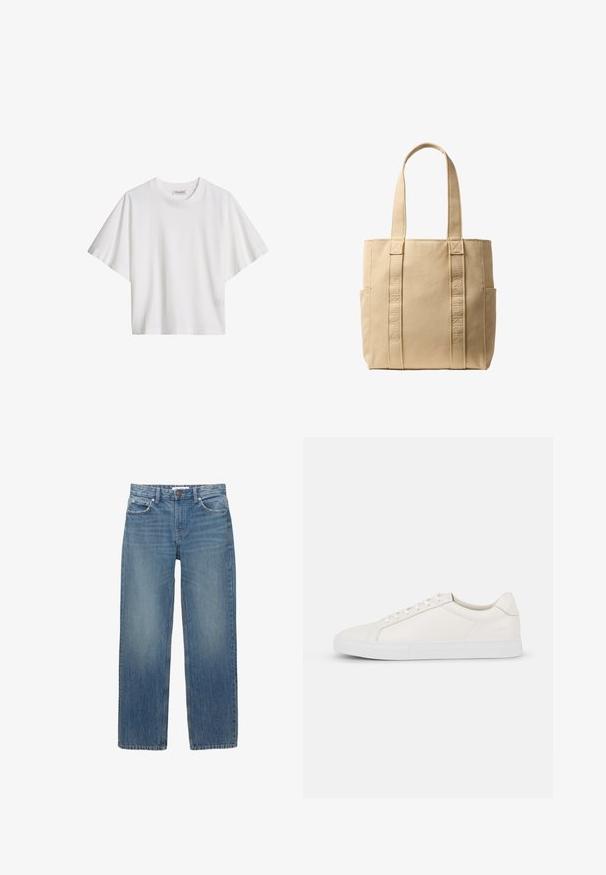 T-shirt blanc en coton, manches courtes, coupe ample, col rond et étiquette de marque à l'intérieur du col.; Jeans en denim bleu clair à coupe droite, avec cinq poches et des éléments en métal de couleur cuivrée. Le tissu présente une légère décoloration et une texture douce.; Baskets en cuir blanc avec une texture lisse, bout arrondi, devant à lacets et semelle plate en caoutchouc. Design simple sans motifs ni accents.; Sac cabas en toile beige Calvin Klein avec deux longues anses, broderie verticales du nom de la marque sur les bretelles avant, et poches latérales.