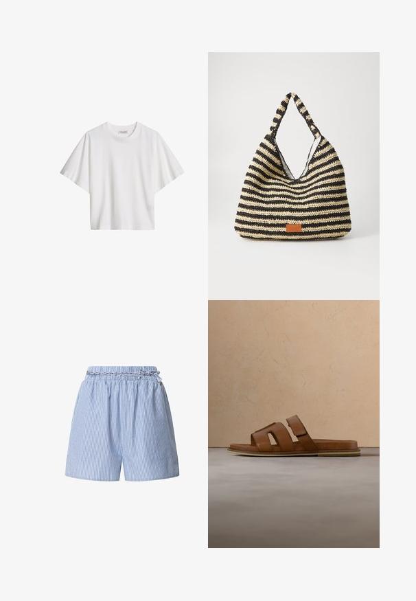 Weißes, kurzärmeliges, locker sitzendes Baumwoll-T-Shirt mit Rundhalsausschnitt und Markenetikett innen im Kragen.; Gestreifte blaue Shorts mit einem elastischen Taillenbund und geflochtenem Kordelzug. Verfügt über vertikale weiße Streifen und ein entspanntes Design.; Braune Ledersandale mit drei Riemen, flacher Sohle, feinen Nähten und rundem Zehenbereich. Schwebt über einer strukturierten beigen Oberfläche.; Gestreifte, gewebte Tasche in Schwarz und Beige mit einem lässigen Design, strukturierten Oberflächen und einem kleinen Lederakzent.