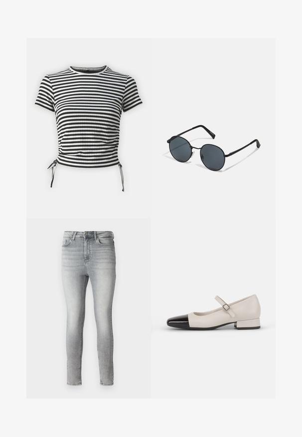 Top de rayas blanco y negro de manga corta con textura acanalada, escote redondo y lazos laterales ajustables para un efecto fruncido.; Jeans ajustados de mezclilla gris con una textura suave, diseño de cinco bolsillos y cierre de botón y cremallera en la cintura. Acabado desvanecido en todo su alrededor.; Zapato estilo Mary Jane en cuero crema con puntera de charol negro. Presenta una punta redonda, tirante en el tobillo con una hebilla cuadrada y un tacón bajo y cuadrado.; Gafas de sol de estilo black metal con lentes redondos, tintados oscuros, brazos delgados y almohadillas nasales ajustables, presentando un diseño minimalista y sin branding visible.