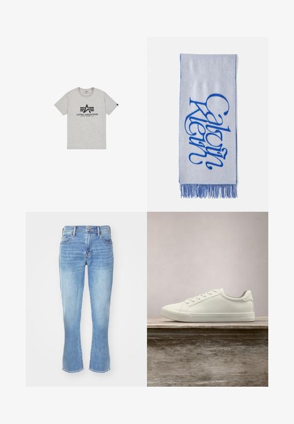 Hellgraues Baumwoll-T-Shirt mit einem schwarzen bedruckten Logo im geometrischen Design. Rundhalsausschnitt und kurze Ärmel. Etikett am linken Ärmel.; Hellblaues Denim-Jeans mit geradem Schnitt, ausgestellten Beinöffnungen, Fünf-Taschen-Design und subtiler Abnutzung an den Knien und Oberschenkeln.; Weiße Schnürsneaker, die über einer Holzbank mit grünem Laub im Hintergrund schweben und das Schuhdesign sowie die Textur zeigen.; Hellblauer Schal mit einem großen, fetten blauen, geschwungenen Logo und Fransen. Weiches Material mit einer glatten Textur.