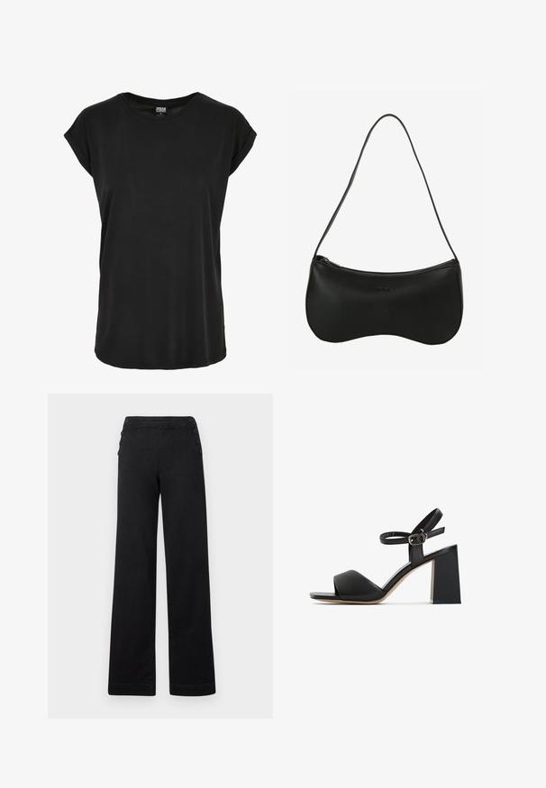 Schwarzes T-Shirt mit kurzen Ärmeln aus glattem Material. Runder Halsausschnitt und entspannte Passform mit umgekrempelten Ärmeln. Einfaches, einfarbiges Design ohne Muster.; Schwarze weite Hose mit hohem Bund, Knopfdetails an den Seiten und einer glatten Denim-Oberfläche mit einem sauberen Finish.; Schwarze Leder-Sandaletten mit offenem Zehenbereich, verstellbarem Knöchelriemen und quadratischem Blockabsatz. Glatte Textur und minimalistisches Design.; Schwarze Leder-Schultertasche mit geschwungener Form, Reißverschluss und einem einzigen dünnen Riemen; glatte Textur und dezentes, eingeprägtes Logo-Detail.