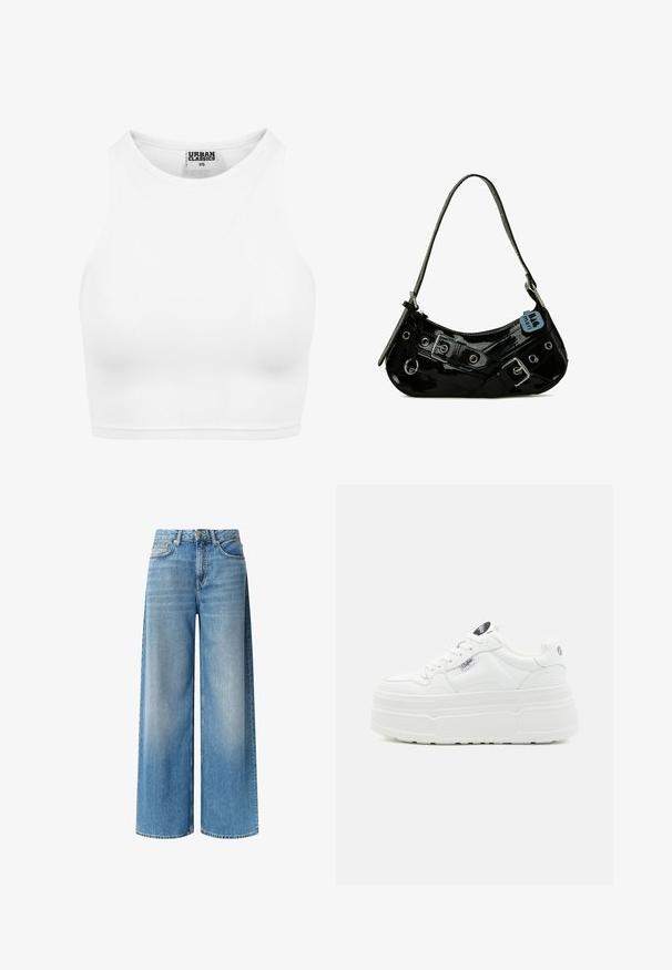 Top corto de tirantes blanco acanalado con cuello alto y etiqueta "Urban Classics XS" en el interior del cuello.; Jeans de mezclilla azul de pierna ancha con un lavado claro, cintura alta, bolsillos delanteros y un sutil efecto de desvanecimiento a lo largo de las piernas. Terminados con un cierre de botón.; Zapatillas de plataforma blancas con un exterior sintético liso, punta redondeada, cuello acolchado y suela texturizada. Presenta una etiqueta de logo en contraste.; Bolso de mano de charol negro con forma curva, que presenta herrajes plateados, hebillas decorativas y una correa corta. Etiqueta azul adjunta.