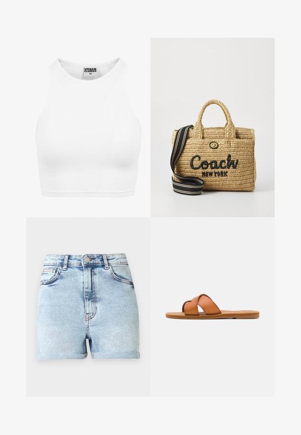 Hvid ribbet cropped tanktop med høj halsudskæring og "Urban Classics XS" label inde i kraven.; Lyseblå denimshorts med høj talje, fem lommer og opkrogede kanter. Har diskret falmet effekt og kobberfarvet hardware.; Brune læder slide sandal med krydsede stropper, flad sål, glat overflade og minimalisk design til afslappet brug.; Vævet stråhåndtaske med dobbelte top-håndtag, sort broderet "Coach New York" logo, guldbelægning og en aftagelig stribet skulderrem.
