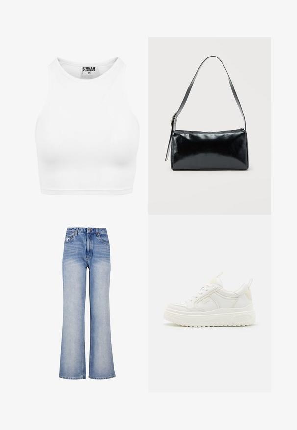 Witte geribde cropped tanktop met hoge halslijn en "Urban Classics XS" label aan de binnenkant van de kraag.; Lichtblauwe denim wijde jeans hebben een hoge taille, knoopsluiting, subtiele vervaging en een klassiek design met vijf zakken.; Witte leren sneakers met een stevige zool, vetersluiting en subtiele branding. Heeft een zachte textuur en een ronde neus.; Zwarte rechthoekige schoudertas met een enkele verstelbare band en een bovenste ritssluiting op een effen achtergrond.