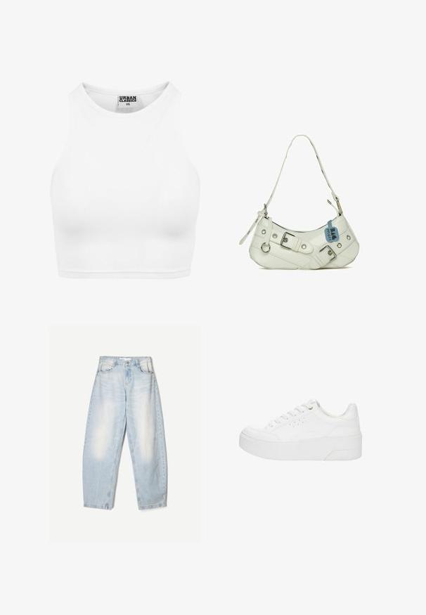 Hvid ribbet cropped tanktop med høj halsudskæring og "Urban Classics XS" label inde i kraven.; Lyseblå denimbukser med en loose fit, der har en falmet finish, to forlommer og en knaplukning i taljen.; Hvid platform-sneaker med snørelukning foran, perforerede detaljer på siden og tyk sål, vist fra ydersiden på en hvid baggrund.; Hvid syntetisk håndtaske med en buet silhuet, justerbar rem, dekorativ spænde, sølv hardware og et blåt mærke fastgjort.