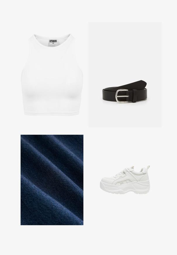 Hvid ribbet cropped tanktop med høj halsudskæring og "Urban Classics XS" label inde i kraven.; Mørkeblå denimstof med en glat tekstur, der har synlige diagonale vævemønstre og subtile variationer i farve og glans.; Hvid chunky sneaker med tyk sål, snørelukning foran, polstret krave og trækstykke på hælen.; Sort læderbælte med en glat overflade, der har en metal sølv spænde og en tilspidset ende. Enkel, klassisk design.