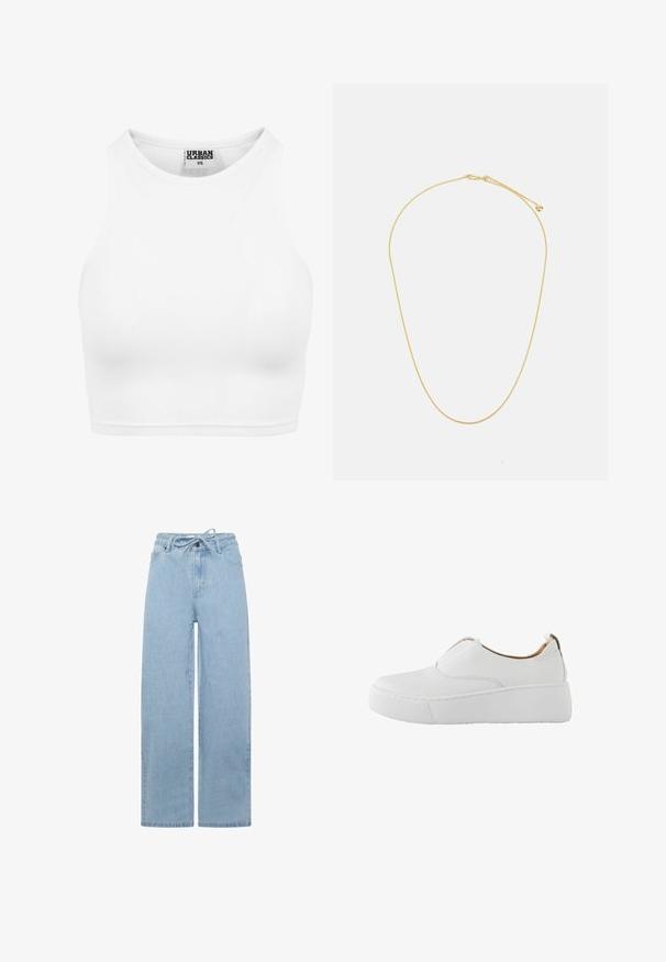 Hvid ribbet cropped tanktop med høj halsudskæring og "Urban Classics XS" label inde i kraven.; Lyseblå vidde jeans lavet af denim, med en snoretræk i taljen og et standard fem-lomme design. Stoffet har en glat tekstur.; Hvid slip-on sneaker med tyk platformsål og rundet tå, designet til afslappet brug.; Guldtonet halskæde med et tyndt, slankt kædedesign og en glat overflade. Inkluderer en spænde og justerbar længde med en lille perleaccent.