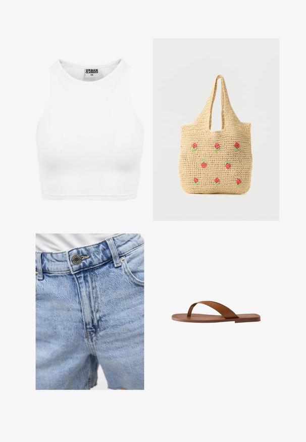 Valge ribaga lühike tanktop kõrge kaelusega ja sildiga "Urban Classics XS" krae sees.; Heledad sinine denim lühikesed püksid kõrge vöökohaga, nähtava õmblusega, kahe esipoeckuga ja metallnupu kinnitusega. Sile tekstuur.; Pruun lame sandaal üheahelise lai rihmaga, mis ühendab jala ja varba tugitoega, külgvaates valgel taustal.; Beežikas kootud kandekott lühikeste käepidemetega, ees on väikeste punaste ja roheliste tikanditega lilledega kaunistatud.