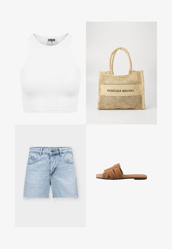 Witte geribde cropped tanktop met hoge halslijn en "Urban Classics XS" label aan de binnenkant van de kraag.; Lichtblauwe denimshorts met gerafelde zomen, knoop aan de voorkant, ritssluiting en voor- en achterzakken.; Bruine suède platte sandaal met drie witgestikte banden over de voet en een zwarte zool.; Beige geweven draagtas met twee handvatten en "VANESSA BRUNO" in het zwart gedrukt op een solide geweven paneel in het midden.