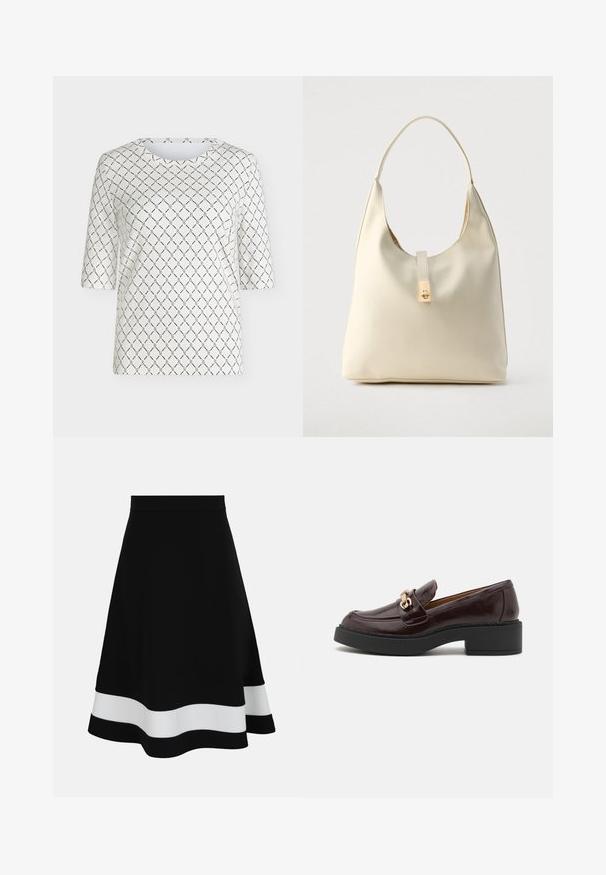 Hvid top med korte ærmer med sort kædelinks mønster, der danner diamanter over hele stoffet, og rund halsudskæring.; Sort A-formet nederdel med bred hvid vandret stribe nær kanten, tætsiddende taljebånd og knælængde design på ensfarvet baggrund.; Brune læder loafer med en guldaccent spænde, sort blokhælt og en glat tekstur. Sidevisningen viser en rund tå og stikninger.; Hobo-taske i cremefarvet læder med en enkelt skulderrem, glat tekstur og et guldfarvet spænde foran.