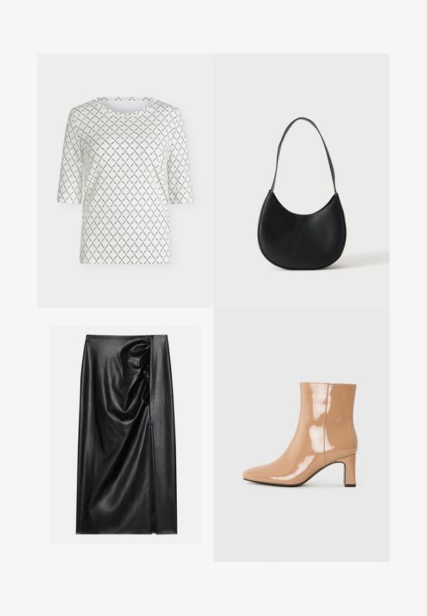 Hvid top med korte ærmer med sort kædelinks mønster, der danner diamanter over hele stoffet, og rund halsudskæring.; Sort læderskirt med en glat overflade, der har en indsamlet sektion på den ene side og en skråning på siden for ekstra detaljer.; Nude patent ankelstøvler med spids tå, en skinnende overflade og en blokhæl i mellem højde. Glat tekstur og strømlinet silhuet.; Sort læder skuldertaske i halvmåneform med en enkelt rem og diskret præget brandnavn på en ensartet lys baggrund.