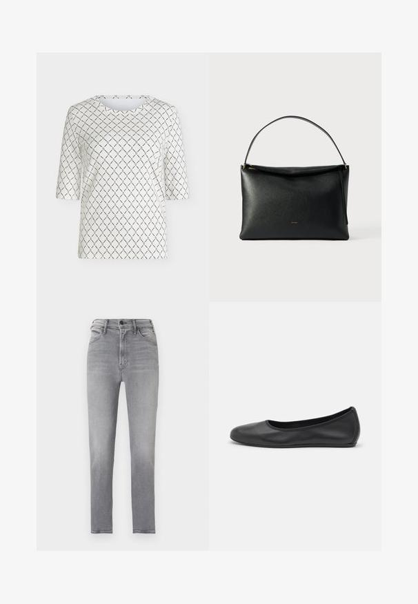 Haut blanc à manches courtes avec un motif de maillons de chaîne noirs formant des losanges sur l’ensemble du tissu et un col rond.; Jean gris taille haute coupe slim avec bouton à l'avant, fermeture éclair et design à cinq poches, présenté sur un fond uni.; Ballerines en cuir noir avec un bout rond, texture lisse, détails de couture minimalistes et design de semelle flexible.; Sac à main en cuir noir à texture lisse, avec une poignée courbée et un détail de fermeture éclair doré. Design minimaliste avec un logo discret.
