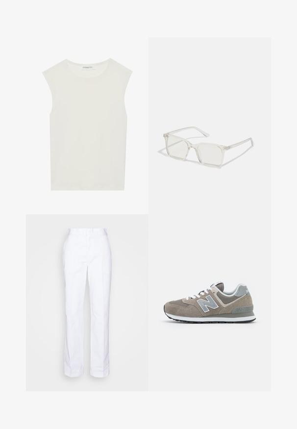 Top blanco sin mangas con escote redondo. Hecho de una tela suave, presenta un corte relajado y un diseño minimalista. Sin patrones ni acentos.; Pantalones blancos de pierna recta confeccionados en algodón. Presentan un corte plano en la parte delantera, trabillas para cinturón y sin bolsillos visibles. Textura suave y diseño minimalista.; Zapatillas de ante marrón con acentos de malla gris, cordones blancos y un logo 'N' gris. Suelas de goma con un ligero patrón de agarre para tracción.; Gafas cuadradas de plástico transparente con lentes translúcidos, que cuentan con acentos dorados en las patillas para un detalle adicional.