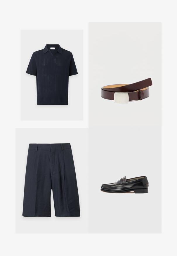 Polo en maille bleu marine à manches courtes avec un motif côtelé vertical texturé et un col décontracté, présenté sur un fond uni.; Shorts bleu marine ajustés arrivant au genou, avec passants pour ceinture, plis devant et fermeture éclair frontale dissimulée.; Mocassins en cuir noir avec un design de style mocassin, présentant une bande décorative et un détail de couture sur le dessus. Talon bloc bas.; Ceinture en cuir marron avec une boucle rectangulaire en argent, texture lisse et doublure intérieure plus claire contrastante. Design simple et classique.