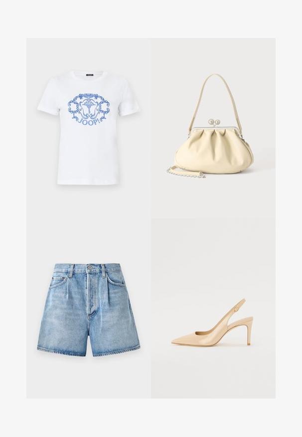 Weißes kurzärmeliges T-Shirt mit einem blauen, kunstvoll verzierten Blumenemblem und dem Schriftzug "JOOP!" auf der Vorderseite in der Mitte.; Helle blaue Jeansshorts mit hoher Taille, ausgestattet mit einem Knopf- und Reißverschluss, vorderen Taschen und einem rohen Saum.; Nude patentleder Slingback-Absatzschuh mit spitzer Zehenpartie, offenem Vorderblatt und dünnem Stiletto-Absatz. Verfügt über ein kreisförmiges goldfarbenes Akzent auf dem Riemen.; Cremafarbene weiche Lederhandtasche mit gerafftem Design, silbernem Rahmenschloss, kurzem Griff und abnehmbarem Kettenriemen.