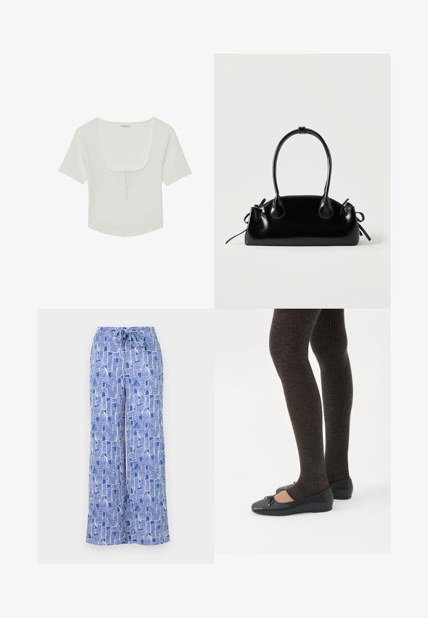 Even&Odd by Zalando T-shirt basic - white; Blauwe gestreepte wijde broek met een trekkoord in de taille, gemaakt van lichte stof met witte abstracte lijnontwerpen.; Benen met donkere geribbelde leggings gecombineerd met zwarte ballerina's met kleine strikdetails op een witte achtergrond.; Kleine zwarte glanzende handtas met twee lange hengsels en zijkant trekkoord details op een effen lichte achtergrond.