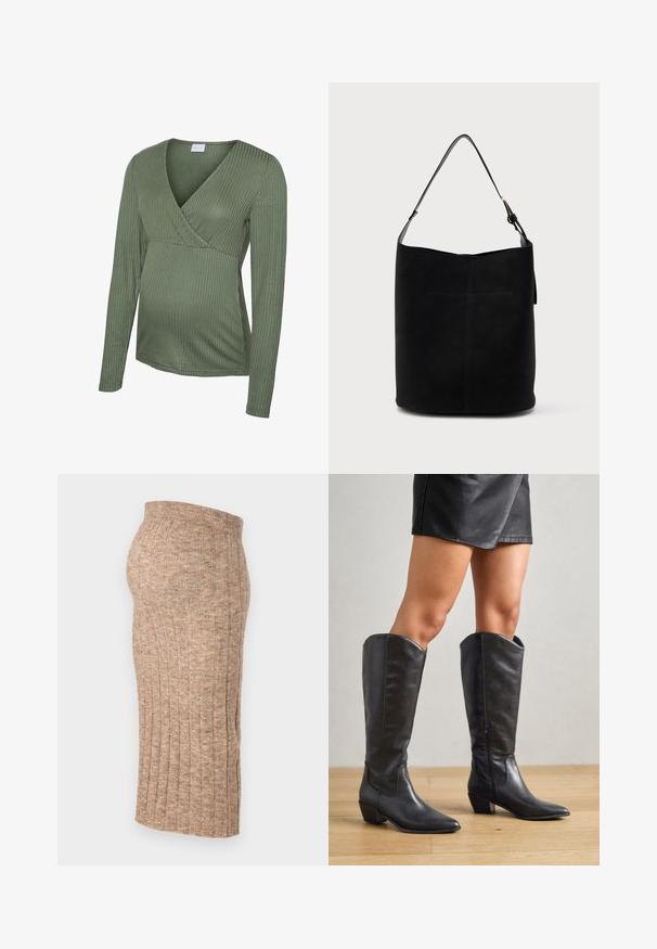 Top de maternidad verde de manga larga con diseño cruzado, textura suave y forma ajustada, adecuado para acomodar una barriga en crecimiento.; Falda marrón de canalé con cintura elástica, de longitud hasta la rodilla, con una textura suave y un patrón consistente, vista lateral presentada sobre un fondo blanco.; Botas negras hasta la rodilla, hechas de cuero suave, con punta afilada, tacón bajo cuadrado y cremallera lateral para facilitar el uso.; Bolso de piel negra tipo cubo con una sola correa de hombro ajustable y un detalle de costura minimalista en el frente.