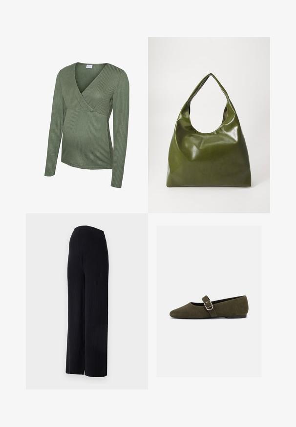 Haut de maternité vert à manches longues côtelées avec un design cache-cœur, une texture douce et une coupe ajustée, idéal pour accueillir un ventre en croissance.; Even&Odd Maternity by Zalando FULL LENGTH WIDE RIB PANTS M-EV4_SS22_2-1-A_011 - Wide Leg - black; Chaussure plate Mary Jane en daim vert olive avec bride à boucle argentée et bout arrondi, présentée sur fond blanc.; Sac hobo en cuir vert au design décontracté, avec une poignée incurvée et une texture lisse. Ne contient aucun matériel ou accent visible.
