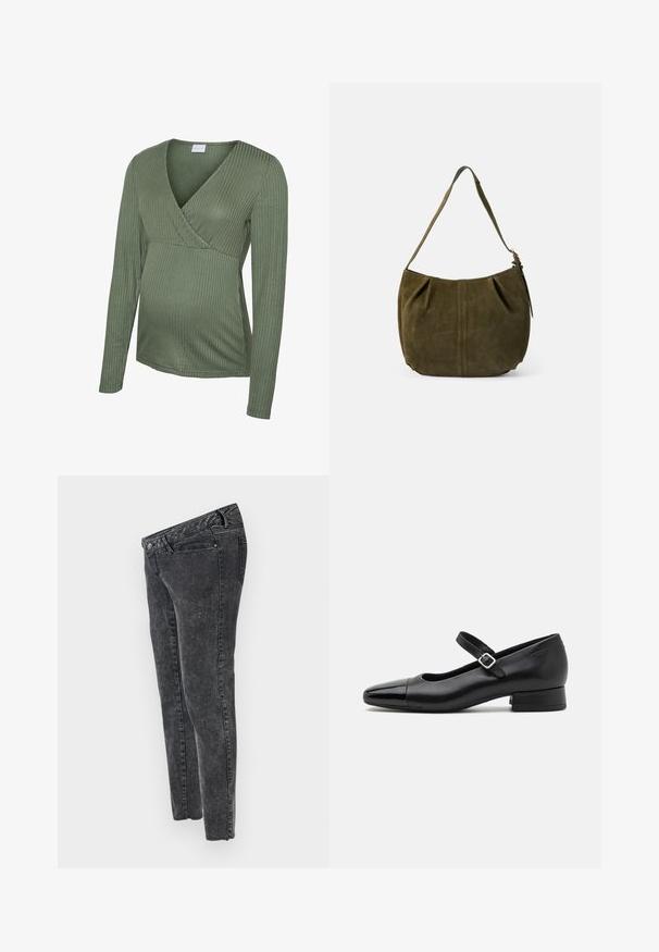Grøn ribbet graviditetsbluse med lange ærmer og slå-om-design, blød tekstur og tætsiddende pasform, egnet til at rumme en voksende mave.; MAMALICIOUS Slim fit Mid waist Raw hems - Jeans Slim Fit - grey denim; Sorte læder Mary Jane-sko med en patenttå, justerbar ankelrem og lav blokhæl. Glat tekstur og strømlinet design.; Skuldertaske i olivengrønt ruskind med én strop, central sømdetalje og sidelukning med lynlås, på ensartet lyst baggrund.