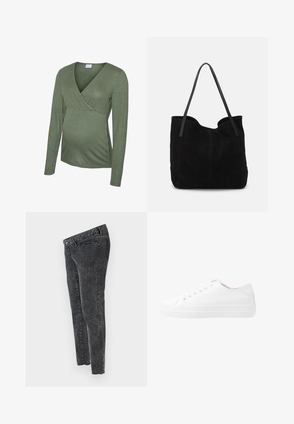 Groen geribd maternityshirt met lange mouwen en wikkelontwerp, zachte textuur en aansluitende pasvorm, geschikt voor het mee laten groeien van de buik.; MAMALICIOUS Slim fit Mid waist Raw hems - Slim fit jeans - grey denim; Witte canvas sneakers met een laag ontwerp, ronde neus, zes veteropeningen en een gestructureerde rubberen zool. Gladde materialen met minimale accenten.; Zwarte suede tote bag met twee lange, platte leren handvatten. Heeft een gebogen bovenrand en zichtbare stiksels aan de voorkant. Geen hardware-accenten.
