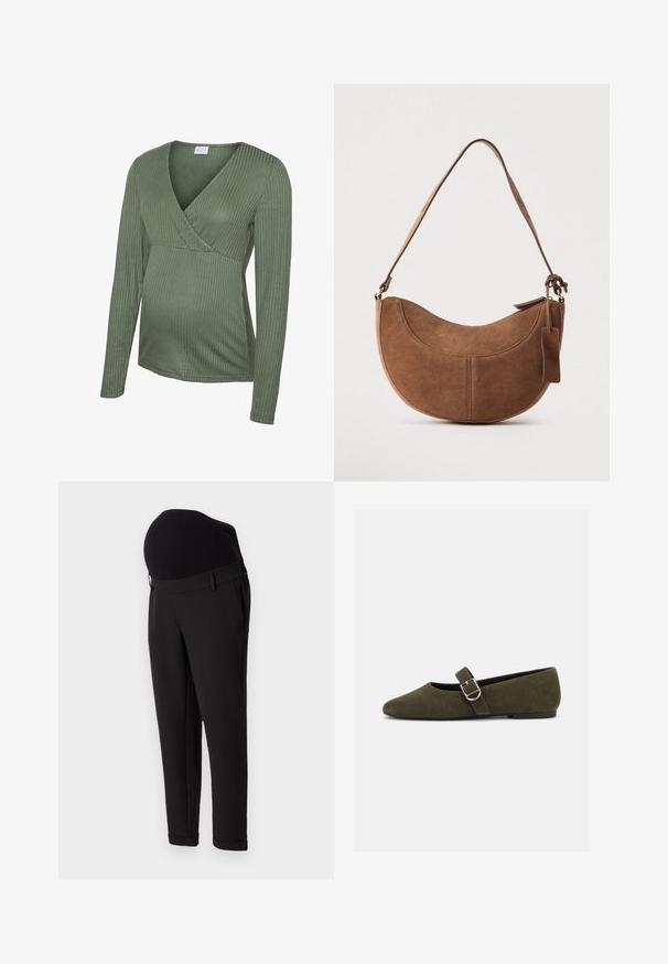 Top de maternidad verde de manga larga con diseño cruzado, textura suave y forma ajustada, adecuado para acomodar una barriga en crecimiento.; Pantalones de maternidad negros con una cintura alta y elástica y un diseño de pierna ajustada. La tela tiene una textura suave con un ligero brillo.; Zapato plano Mary Jane de ante verde oliva con hebilla de plata y punta redondeada, mostrado sobre un fondo blanco.; Bolso de ante marrón con forma curva de media luna. Cuenta con una correa para el hombro, una pequeña etiqueta y costuras visibles a lo largo de los bordes.