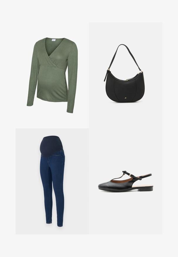 Grøn ribbet graviditetsbluse med lange ærmer og slå-om-design, blød tekstur og tætsiddende pasform, egnet til at rumme en voksende mave.; Graviditetsjeans i mørkeblå denim, med en strækbar mørk talje og en tætsiddende pasform med lommer.; Sort læder flad slingback-sko med T-rem og guldlås på neutral baggrund.; Sort læderhåndtaske med en buet form, struktureret overflade, forreste syninger og et logo i guldfarve. Har en enkelt justerbar rem.