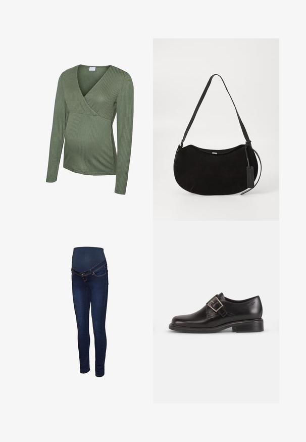 Grøn ribbet graviditetsbluse med lange ærmer og slå-om-design, blød tekstur og tætsiddende pasform, egnet til at rumme en voksende mave.; Mørkeblå graviditetsjeans med et strækbart panel ved taljen, slank pasform og klassisk fem-lomme design med kontrastsyninger.; Sorte læder herresko med rund tå, detaljer med sidelukning, og en struktureret sål, sat mod en simpel hvid baggrund.; Sort ruskind skuldertaske med en buet form, justerbar rem og et lædermærke hængende fra den ene side.