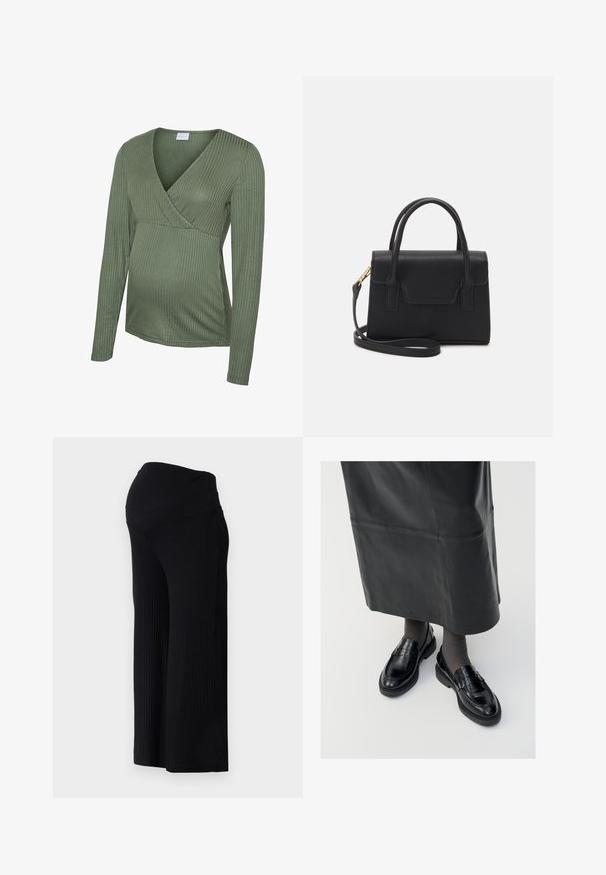 Haut de maternité vert à manches longues côtelées avec un design cache-cœur, une texture douce et une coupe ajustée, idéal pour accueillir un ventre en croissance.; Pantalons larges noirs côtelés avec une taille haute. Le tissu est lisse et extensible, offrant une coupe décontractée sur toute la longueur des jambes.; Mocassins en cuir noir avec une finition lisse, ornés d'une bande décorative, à bout rond et avec une semelle texturée. Portés avec une longue jupe en cuir noir.; Sac à main structuré noir en cuir avec une poignée supérieure, une bandoulière détachable et un détail à rabat à l'avant. Accents en matériel doré.